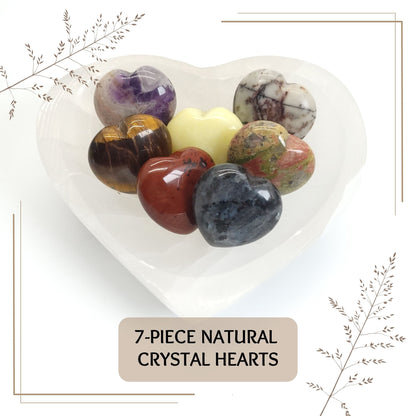 7 Piece Natural Crystal Hearts Set with Heart Selenite Bowl