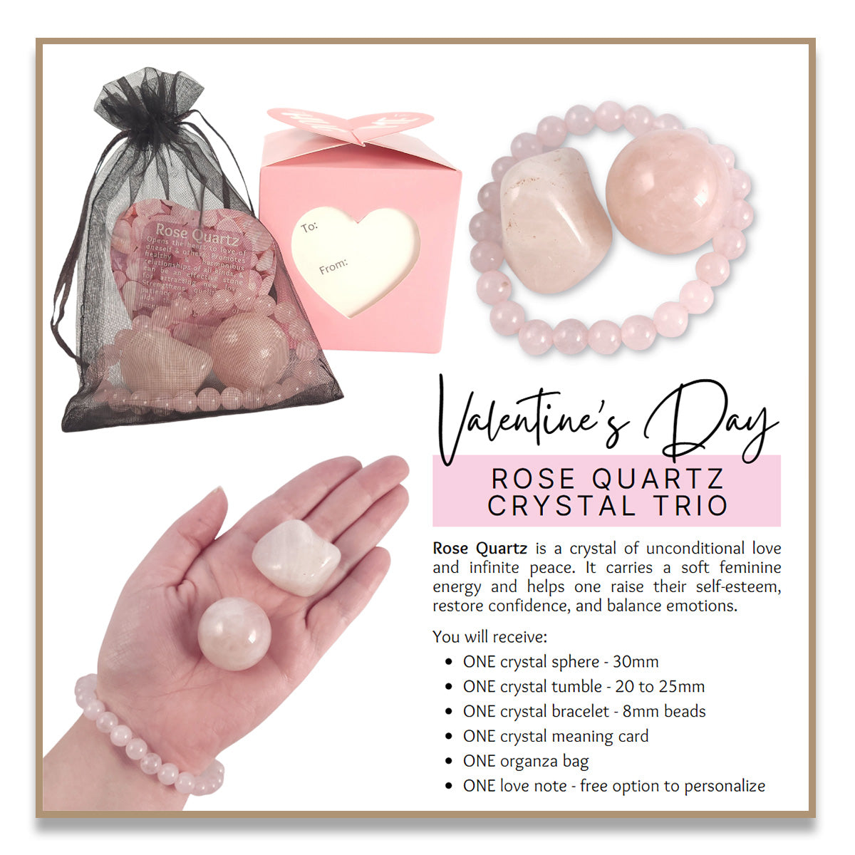 Personalized Valentine's Day Rose Quartz Crystal Trio