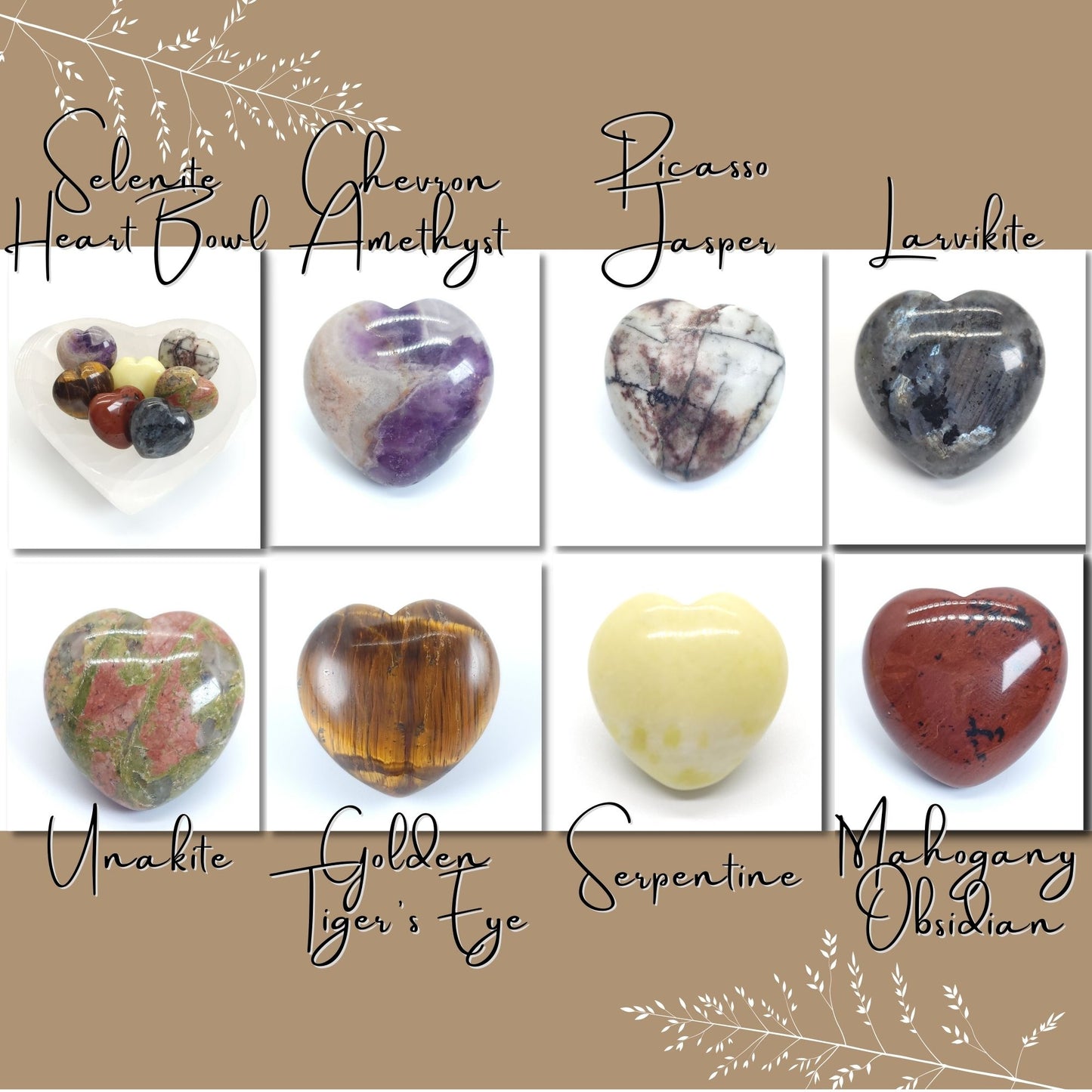7 Piece Natural Crystal Hearts Set with Heart Selenite Bowl
