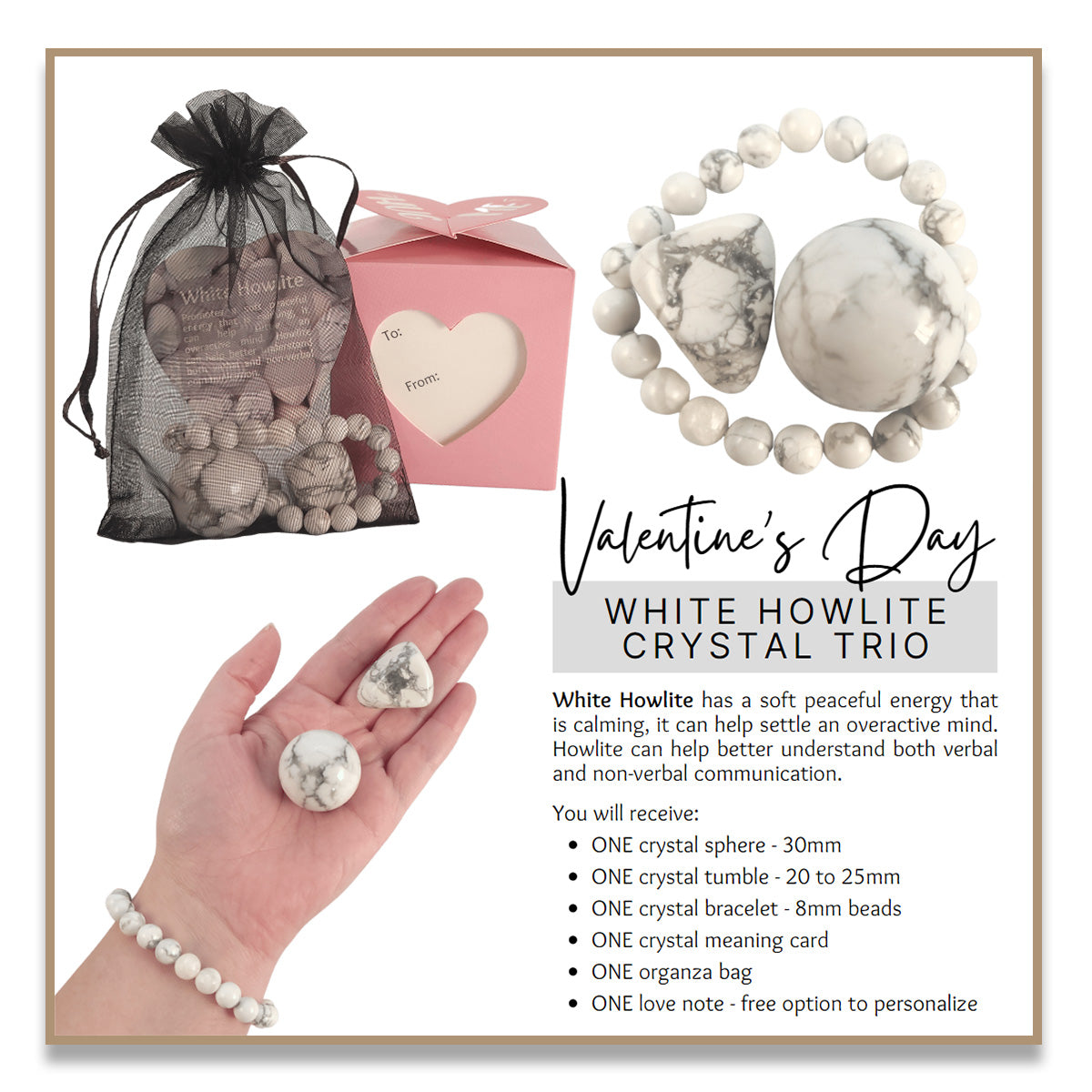 Personalized Valentine's Day White Howlite Crystal Trio