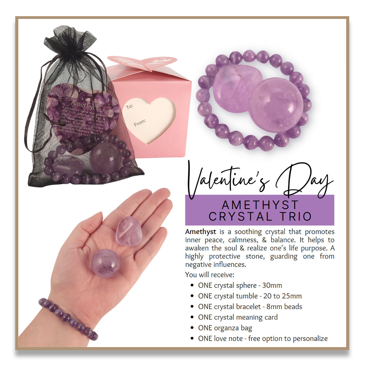 Personalized Valentine's Day Amethyst Crystal Trio